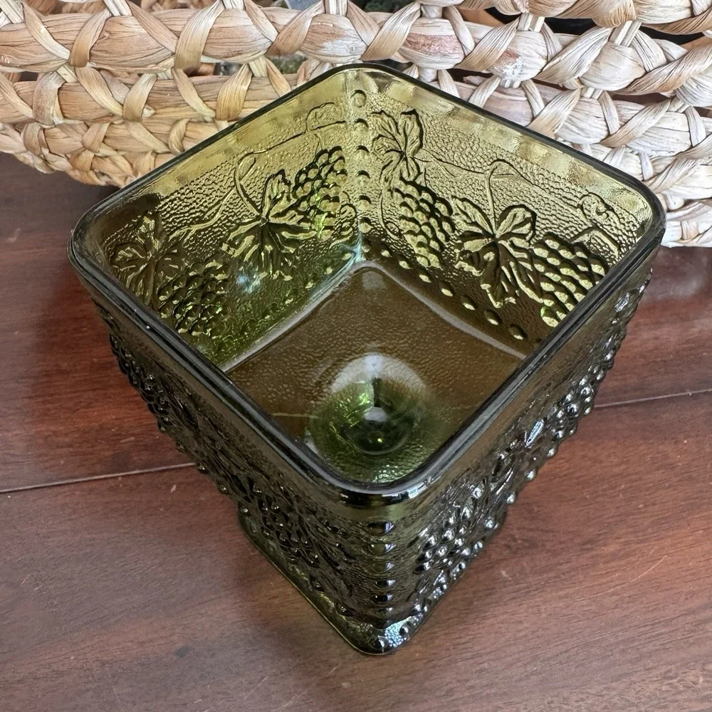Vintage Indiana Glass Green Square Candy Dish Footed Pedestal Grape Vine